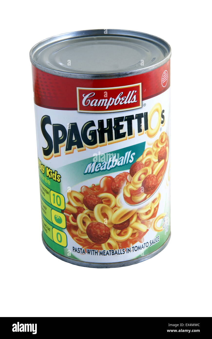 La lata sin abrir de Campbell Spaghettios con albóndigas aislado sobre un fondo blanco. Ilustrativa producto editorial. Campbell S Foto de stock