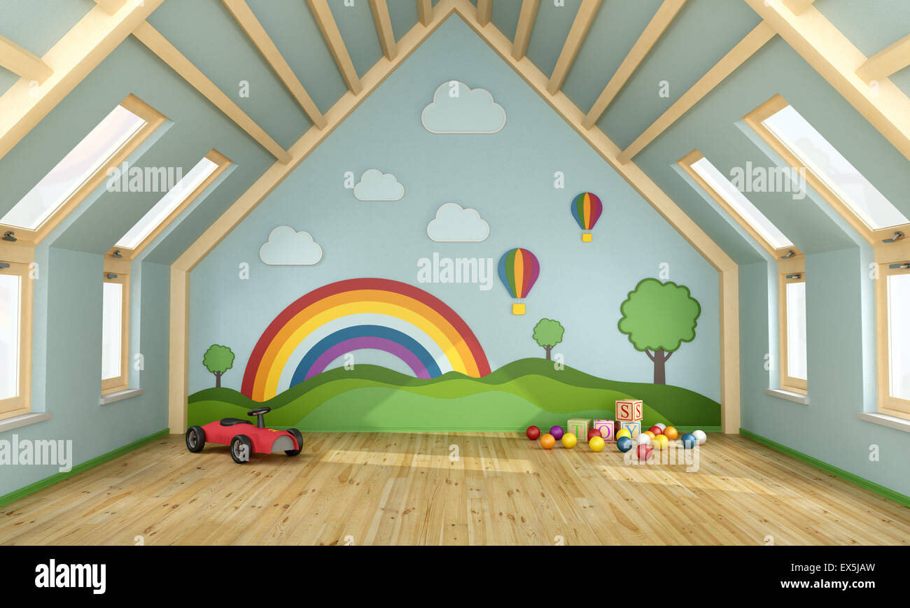 Sala de juegos en la buhardilla con juguetes y decoración de pared - 3D  Rendering Fotografía de stock - Alamy