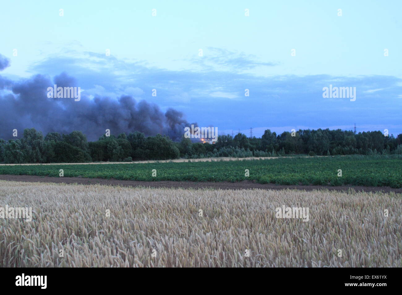Rainham, Londres, Reino Unido. Martes, 7 de julio de 2015. Más de 80 bomberos abordar blaze en un astillero de palets en Rainham. 12 bomberos de tres bomberos fueron llamados a la escena alrededor de las 8:00pm el martes por la noche. Kent y Essex, bomberos y servicios de rescate fueron llamados para ayudar a afrontar la Brigada de Bomberos de Londres Blaze. Una pila de palets y un número de edificios están implicados en el incendio. Formulario de humo el incendio podría ser visto por millas alrededor de vientos atizado las llamas. No hay informes de lesiones y la causa de la llamarada no se conoce todavía. Foto de stock