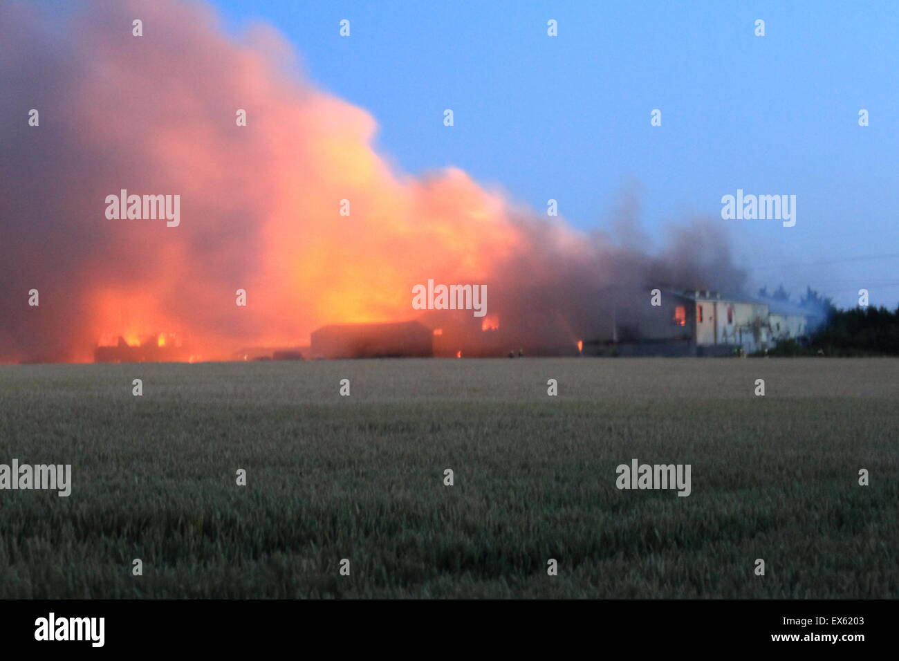 Rainham, Londres, Reino Unido. Martes, 7 de julio de 2015. Más de 80 bomberos abordar blaze en un astillero de palets en Rainham. 12 bomberos de tres bomberos fueron llamados a la escena alrededor de las 8:00pm el martes por la noche. Kent y Essex, bomberos y servicios de rescate fueron llamados para ayudar a afrontar la Brigada de Bomberos de Londres Blaze. Una pila de palets y un número de edificios están implicados en el incendio. Formulario de humo el incendio podría ser visto por millas alrededor de vientos atizado las llamas. No hay informes de lesiones y la causa de la llamarada no se conoce todavía. Foto de stock