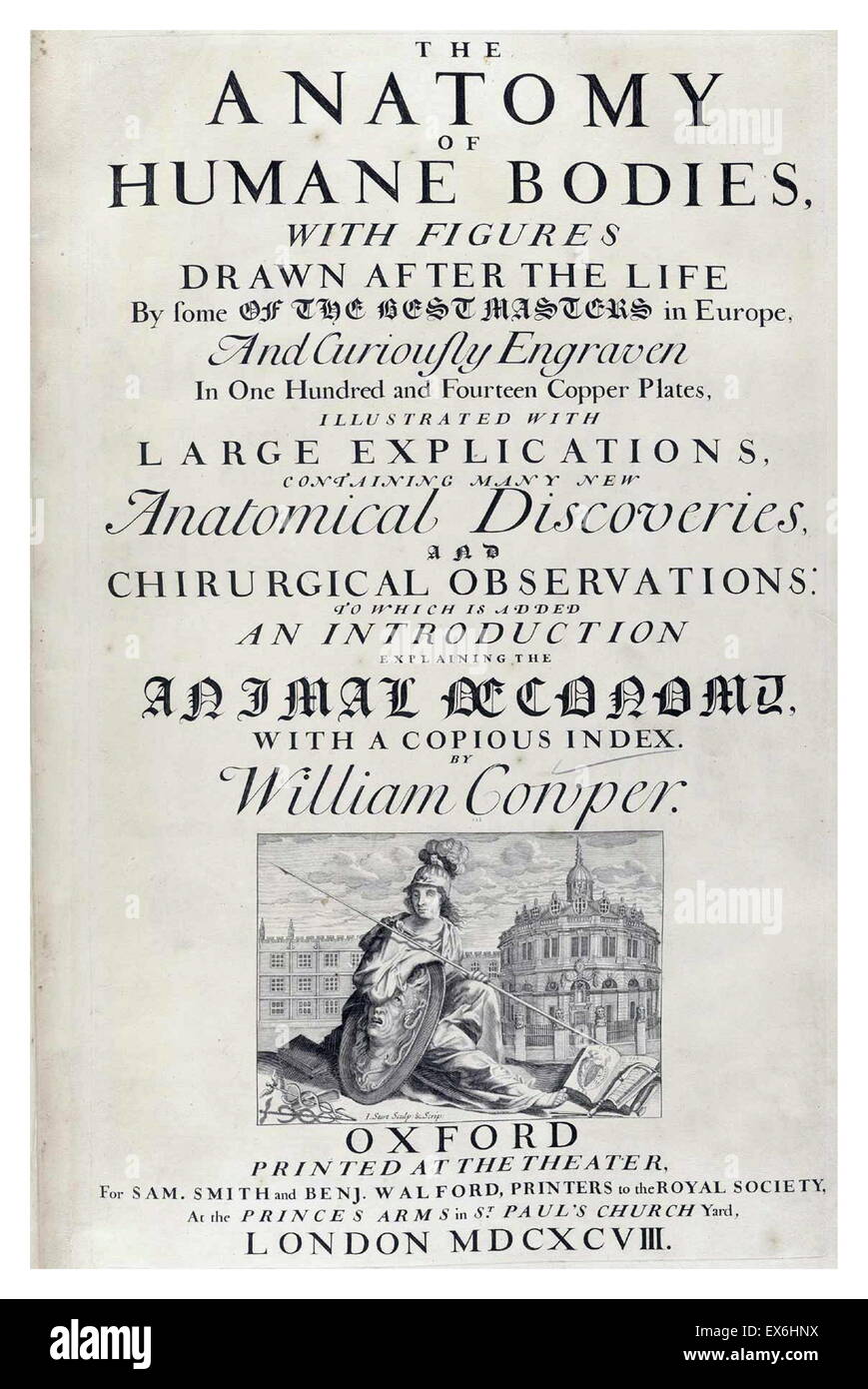 Texto e ilustraciones de 'La anatomía de los órganos humanitarios por William Cowper, (Oxford, 1698) Foto de stock