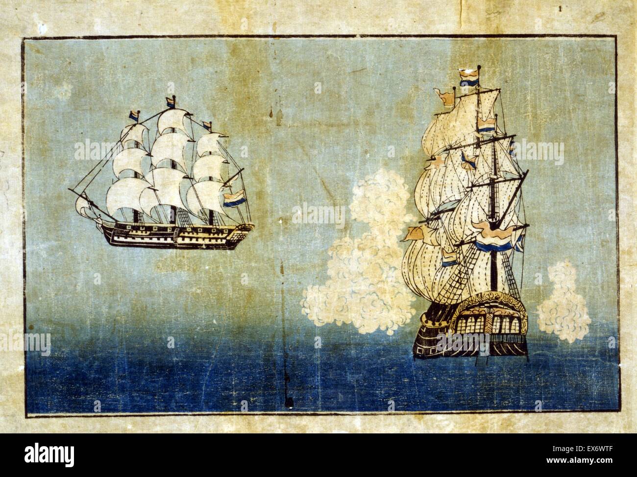 Orandasen -Traducción : barco holandés. Impresión japonesa muestra dos vistas, lateral y delantera de un barco holandés. Entre 1850 y 1900. Foto de stock