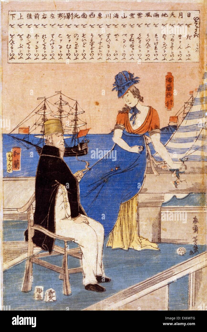 Kotoba Ikoku. Impresión japonesa muestra una mujer francesa y un hombre holandés sentado cerca de la orilla, los barcos en el fondo. Incluye la traducción al japonés de términos extranjeros para la meteorología, la geografía y las direcciones. Artista Ochiai Yoshiiku (1833-1904). Japón 1860. Foto de stock
