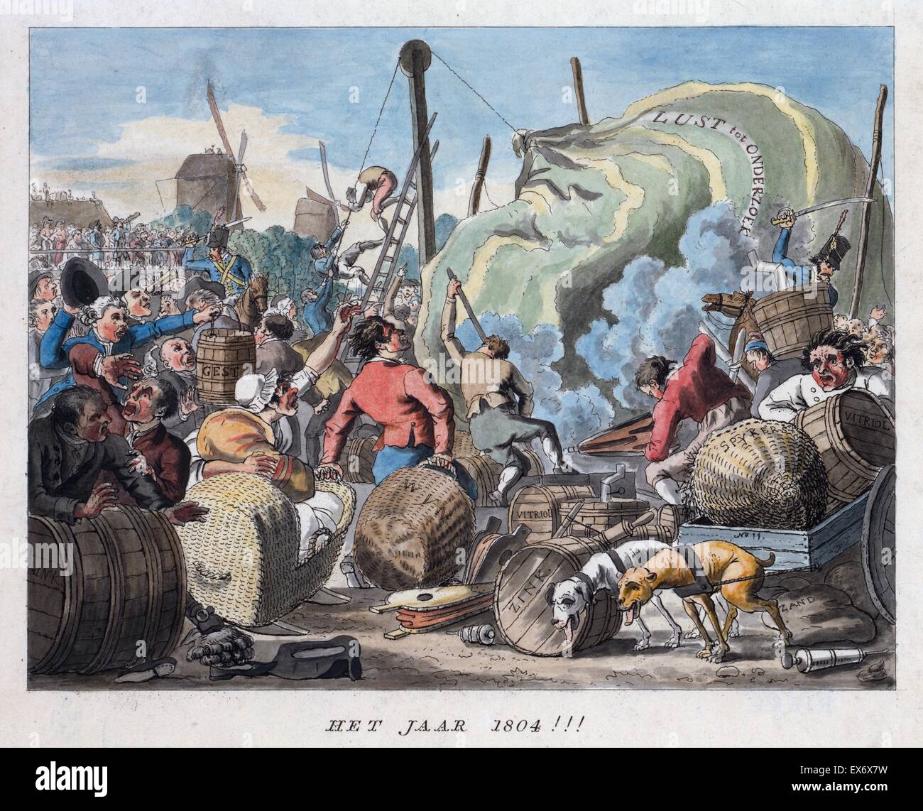 Las previsiones de dibujos animados holandesa aeronautic eventos para el año 1804, mostrando una escena en un defecto de la ascensión en globo, en aras de la investigación científica, posiblemente por "Wille van de Heeren Hopman & Loude." Los hombres luchan para inflar el globo, etiquetados "lujuria Foto de stock