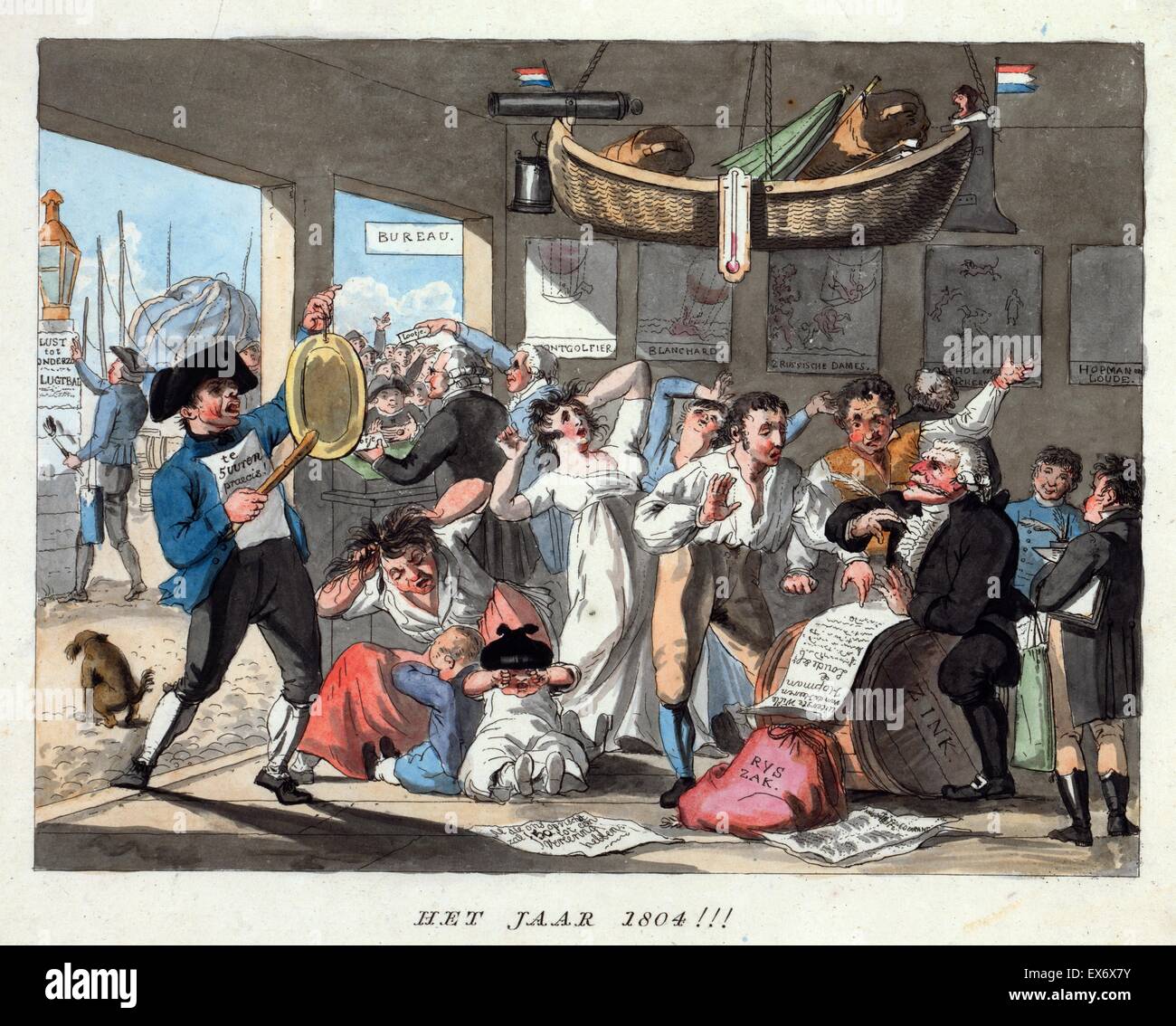 Las previsiones de dibujos animados holandesa aeronautic eventos para el año 1804, mostrando una escena en un defecto de la ascensión en globo, en aras de la investigación científica, posiblemente por "Wille van de Heeren Hopman & Loude." Los hombres luchan para inflar el globo, etiquetados "lujuria Foto de stock