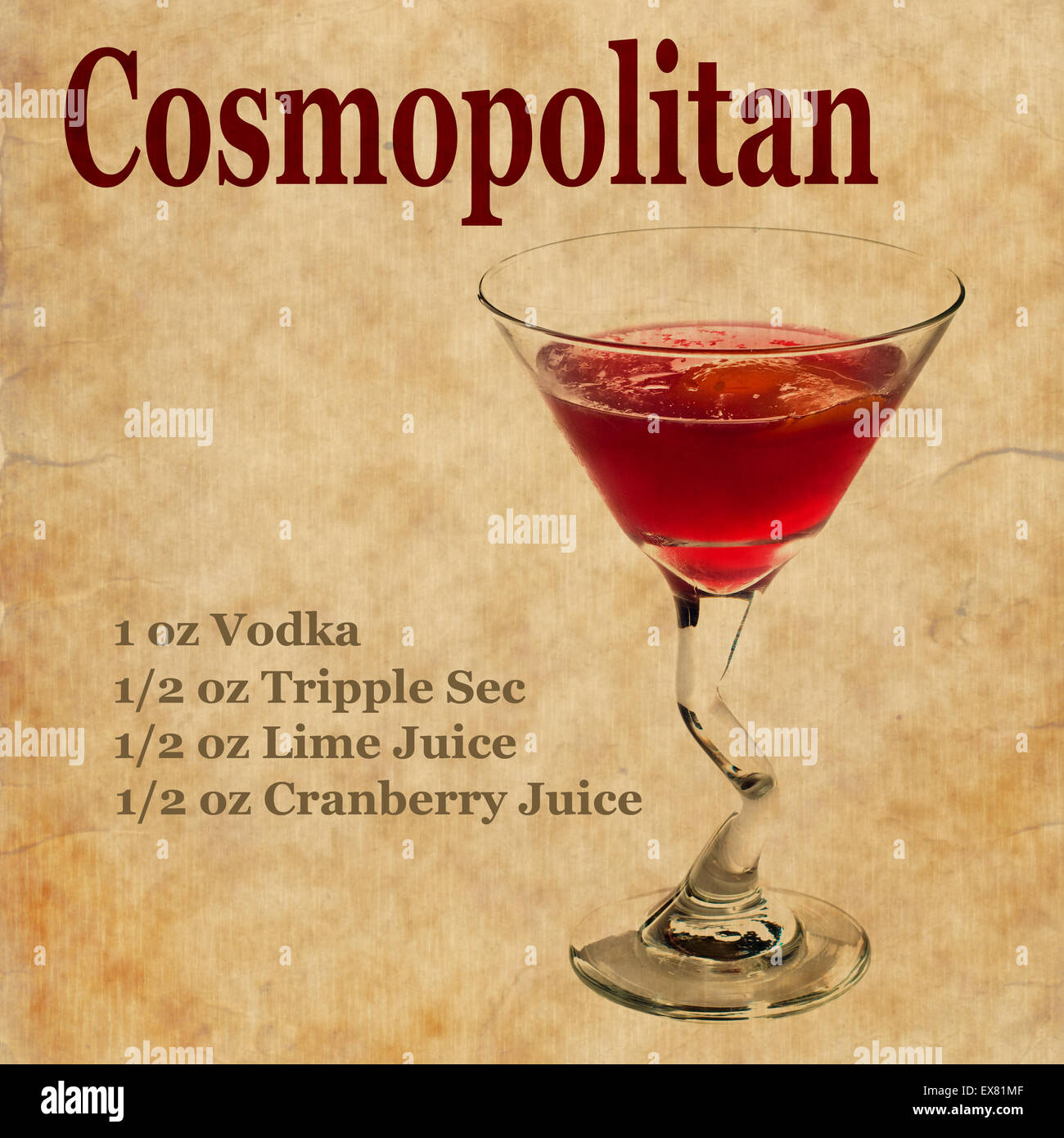 Viejo,vintage o grunge receta portátil con cocktail Cosmopolitan en la página.Espacio para texto Foto de stock