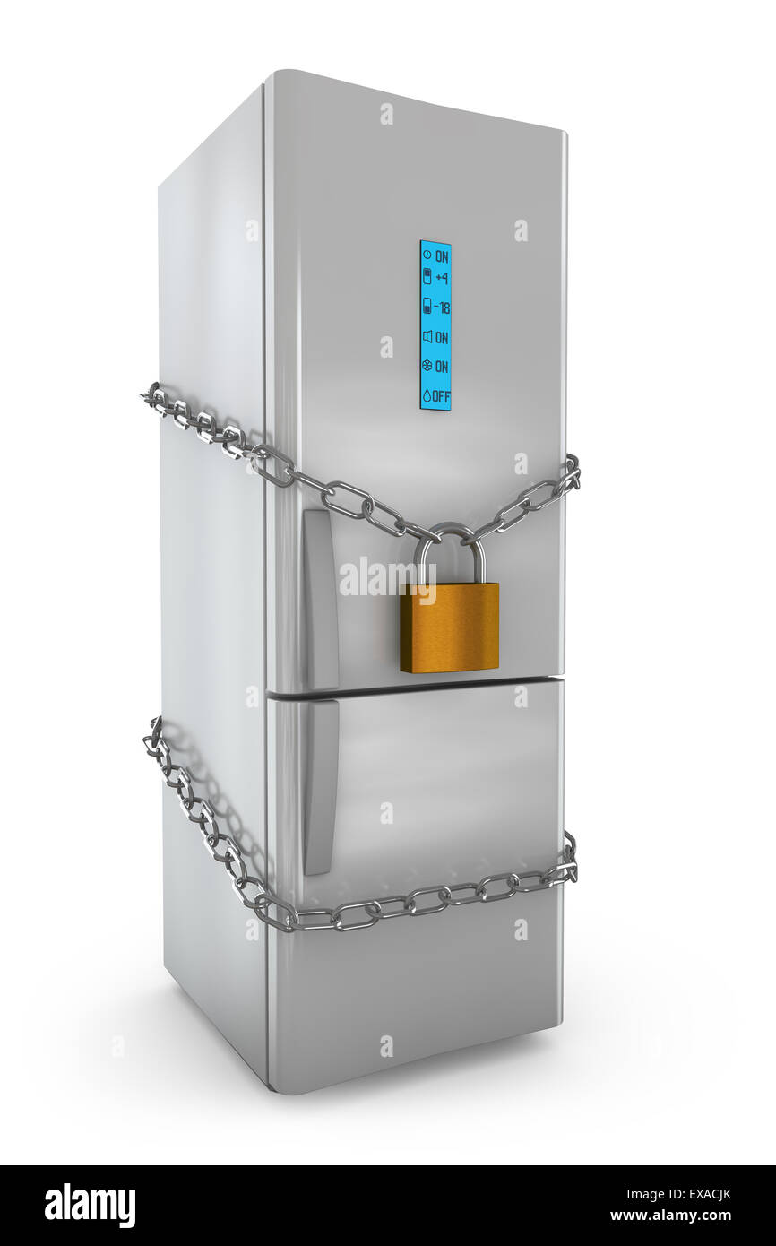 Refrigerador con un candado y una cadena en fondo blanco Fotografía de  stock - Alamy