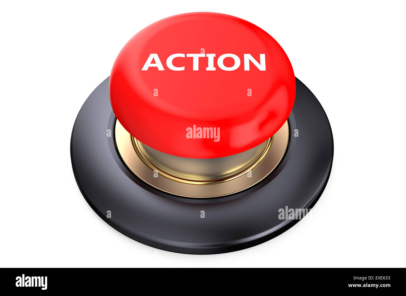 'Acción' botón pulsador rojo aislado sobre fondo blanco. Foto de stock