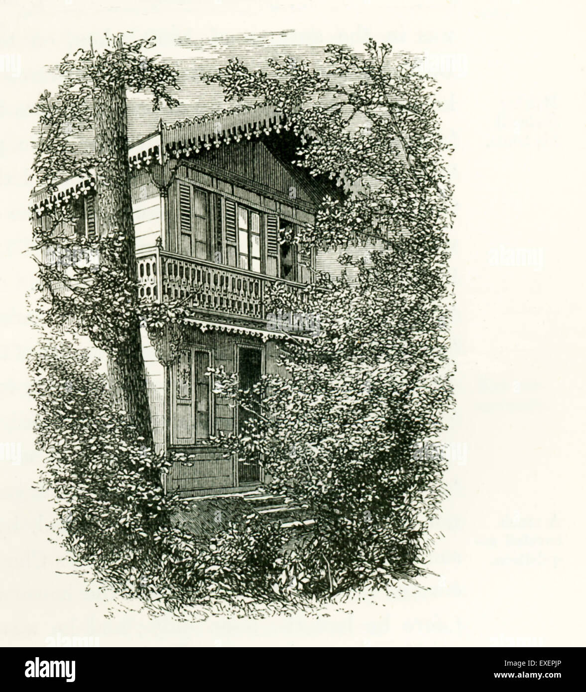 En 1864, el actor Charles Fechter dio Charles Dickens un pre-fabricadas de dos pisos casa chalet suizo que Dickens había reunido en su propiedad Gadshill. Esta ilustración del chalet es de John Foster's la vida de Charles Dickens. Gadshill, una mansión en la campiña inglesa de Kent, fue la casa de Charles Dickens. Charles Dickens (1812-1870) es uno de los mejores y más destacados novelistas ingleses. Vivió durante la época victoriana. Entre sus obras más conocidas son: Un cuento de Navidad, David Copperfield, grandes esperanzas, Oliver Twist, y una historia de dos ciudades. Foto de stock