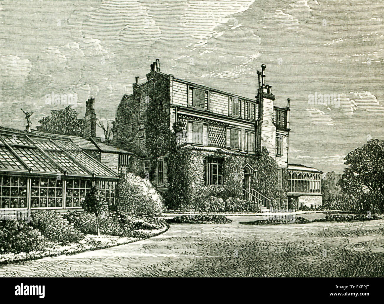 Esta ilustración de John Foster's la vida de Charles Dickens muestra la casa y el conservatorio en Gadshill desde la pradera. Gadshill fue la mansión en la campiña inglesa de Kent, que era la casa de Charles Dickens. Charles Dickens (1812-1870) es uno de los mejores y más destacados novelistas ingleses. Vivió durante la época victoriana. Entre sus obras más conocidas son: Un cuento de Navidad, David Copperfield, grandes esperanzas, Oliver Twist, y una historia de dos ciudades. Foto de stock