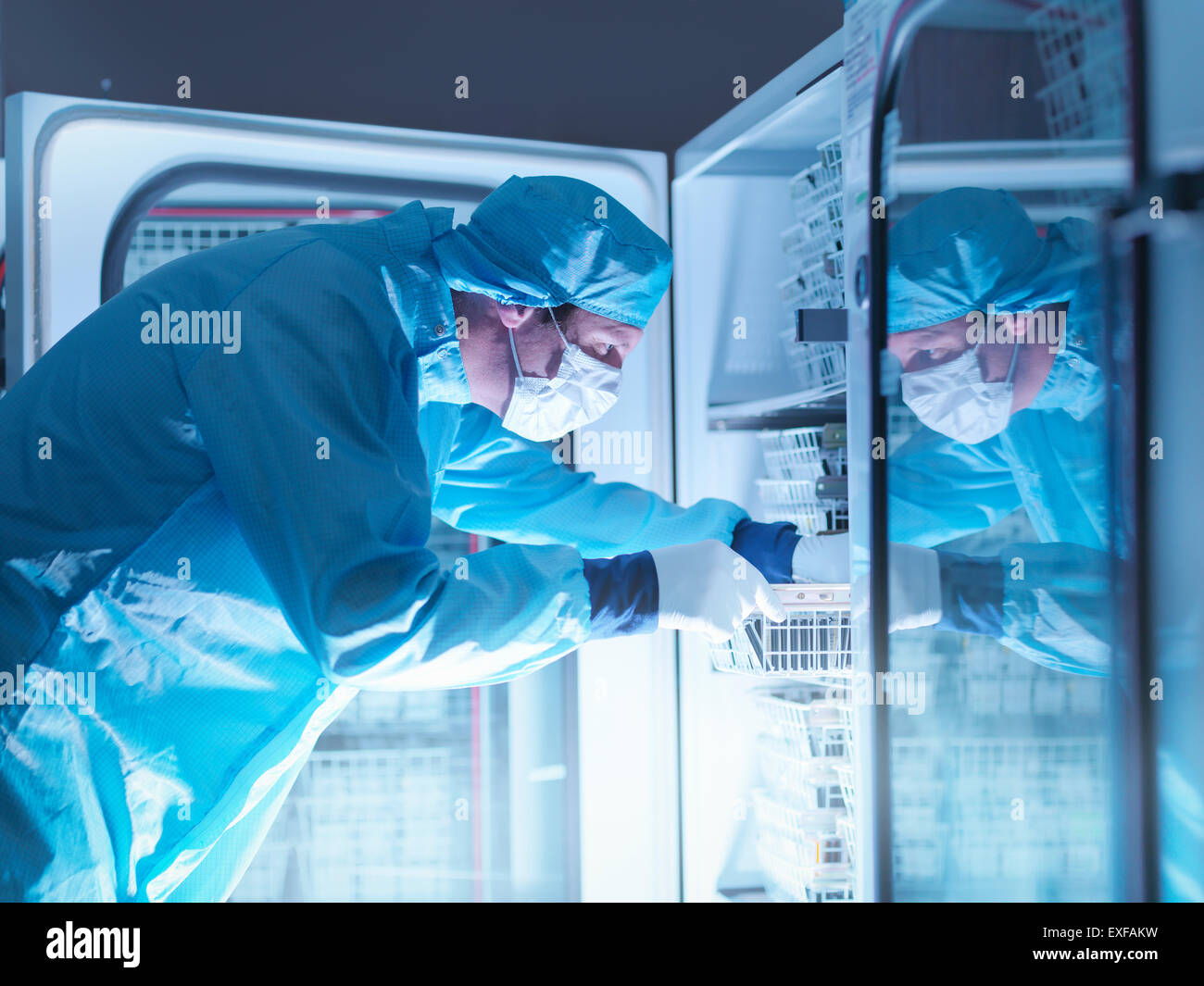 Comprobación del trabajador componentes electrónicos archivados en atmósfera de nitrógeno en laboratorio sala limpia Foto de stock