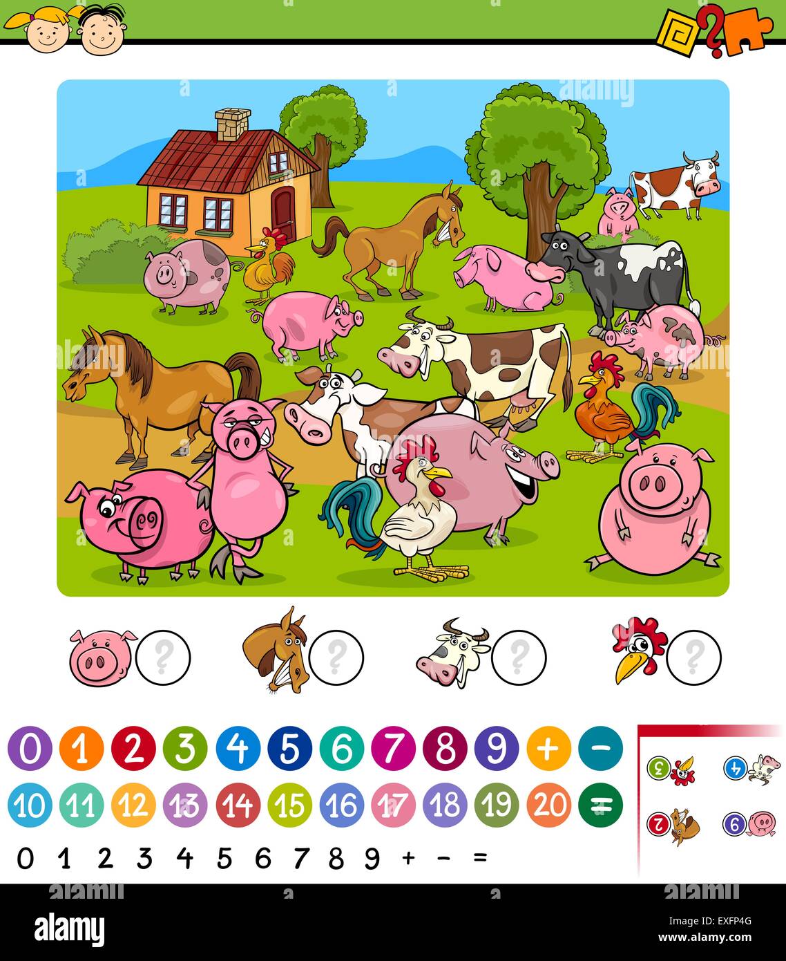 Ilustración de Cartoon juegos matemáticos de educación para niños  preescolares con animales de granja Imagen Vector de stock - Alamy