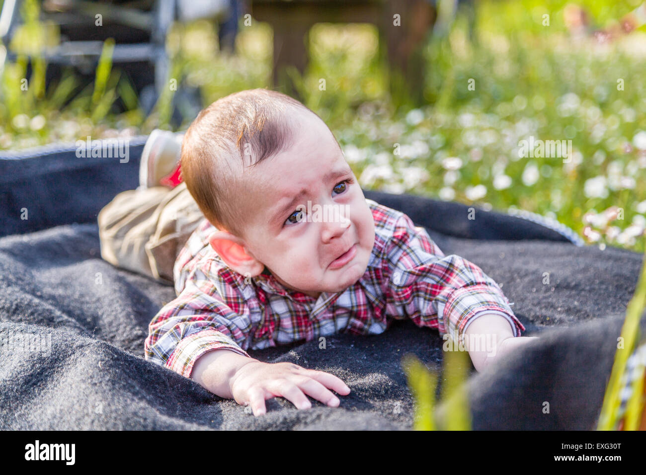 Lindo bebé de 6 meses de edad con cabello marrón claro a rojo a cuadros  camisa y pantalones beige muestra una triste mirada desesperada pero fanny  face Fotografía de stock - Alamy