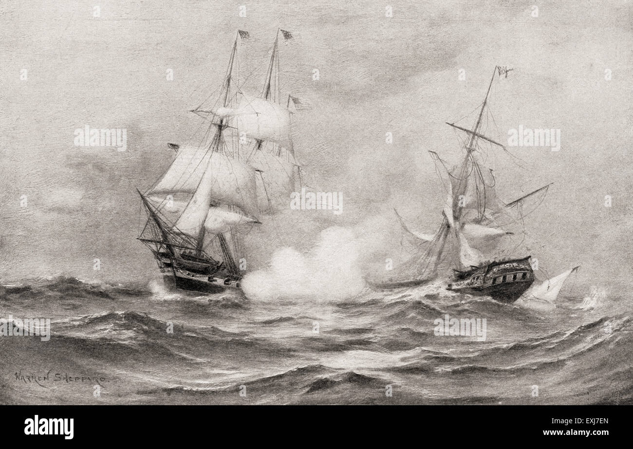 El combate entre USS Constitution y HMS Guerriere, durante la guerra de 1812, aproximadamente a 400 millas al sureste de Halifax, Nova Scotia. Foto de stock