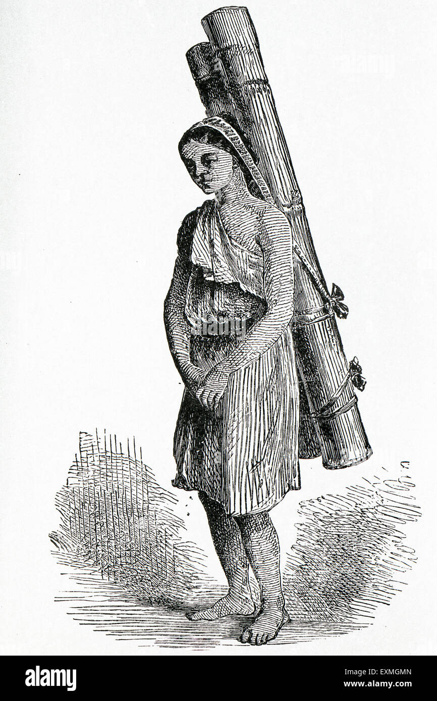 Mujer Lepcha portando bambú, Sikkim, India, foto de la vieja vendimia de 1800s Foto de stock