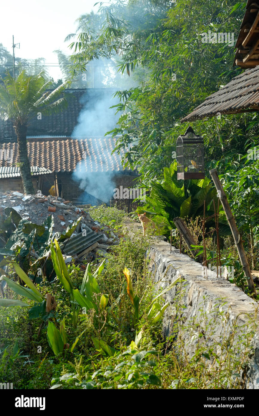 Espeso humo de una fogata contamina el aire sobre residuos de tierra en una aldea de java indonesia Foto de stock