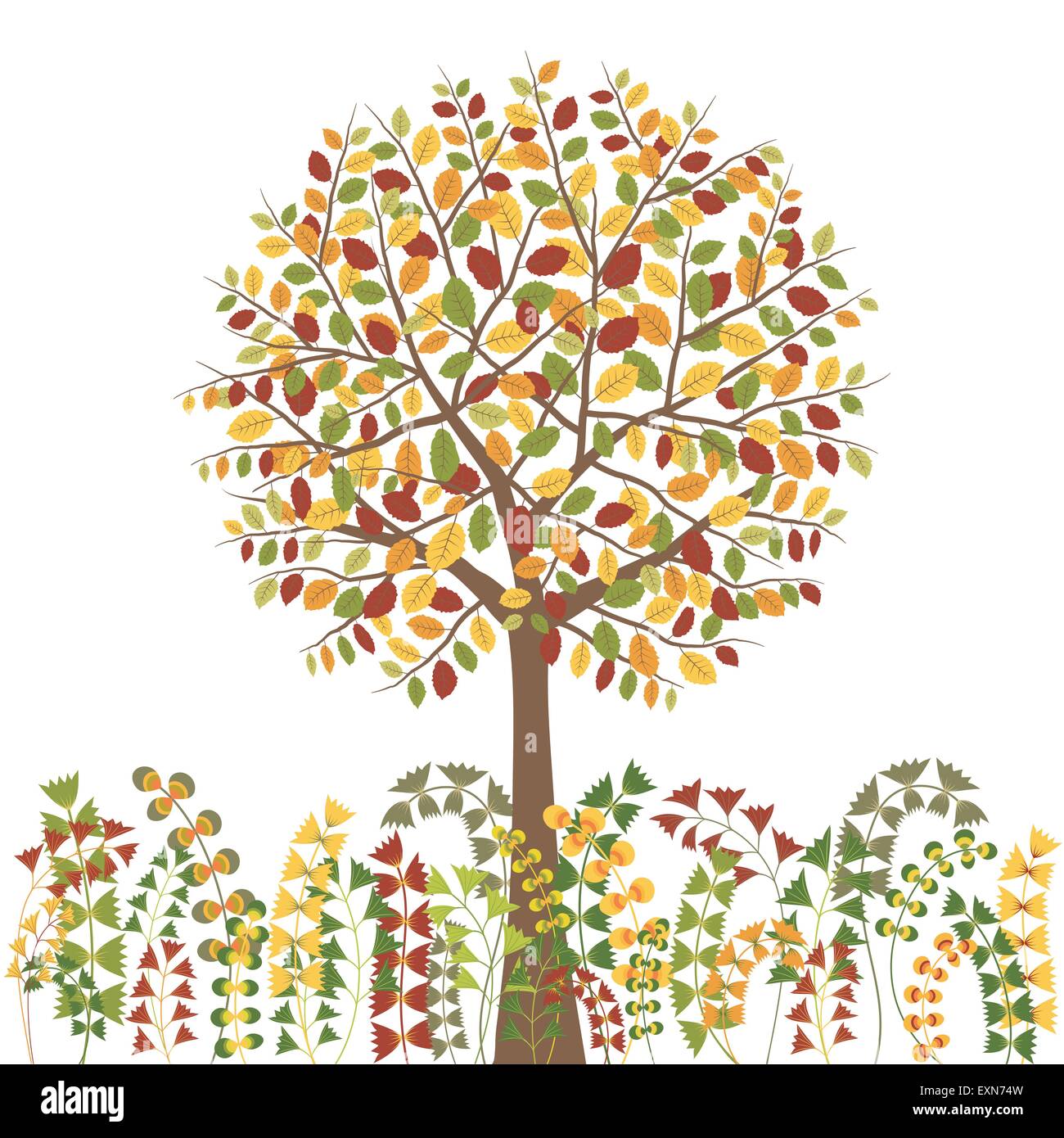 Árbol del otoño colorido y fondo de hierbas Ilustración del Vector
