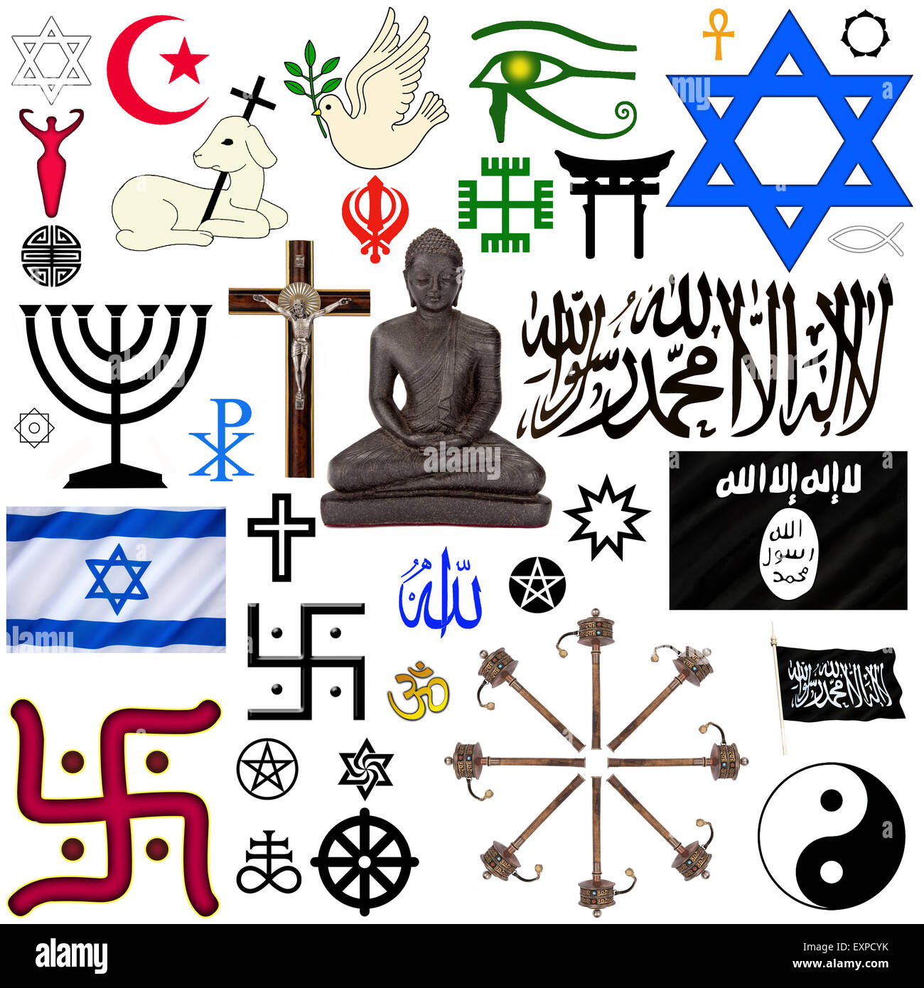 Una selección de símbolos religiosos para cortar - aislado en blanco. Foto de stock