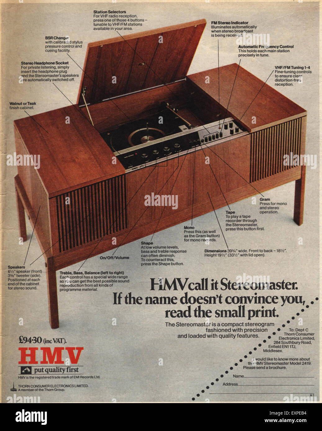 1970 UK HMV (la voz del amo) Revista anuncio Foto de stock