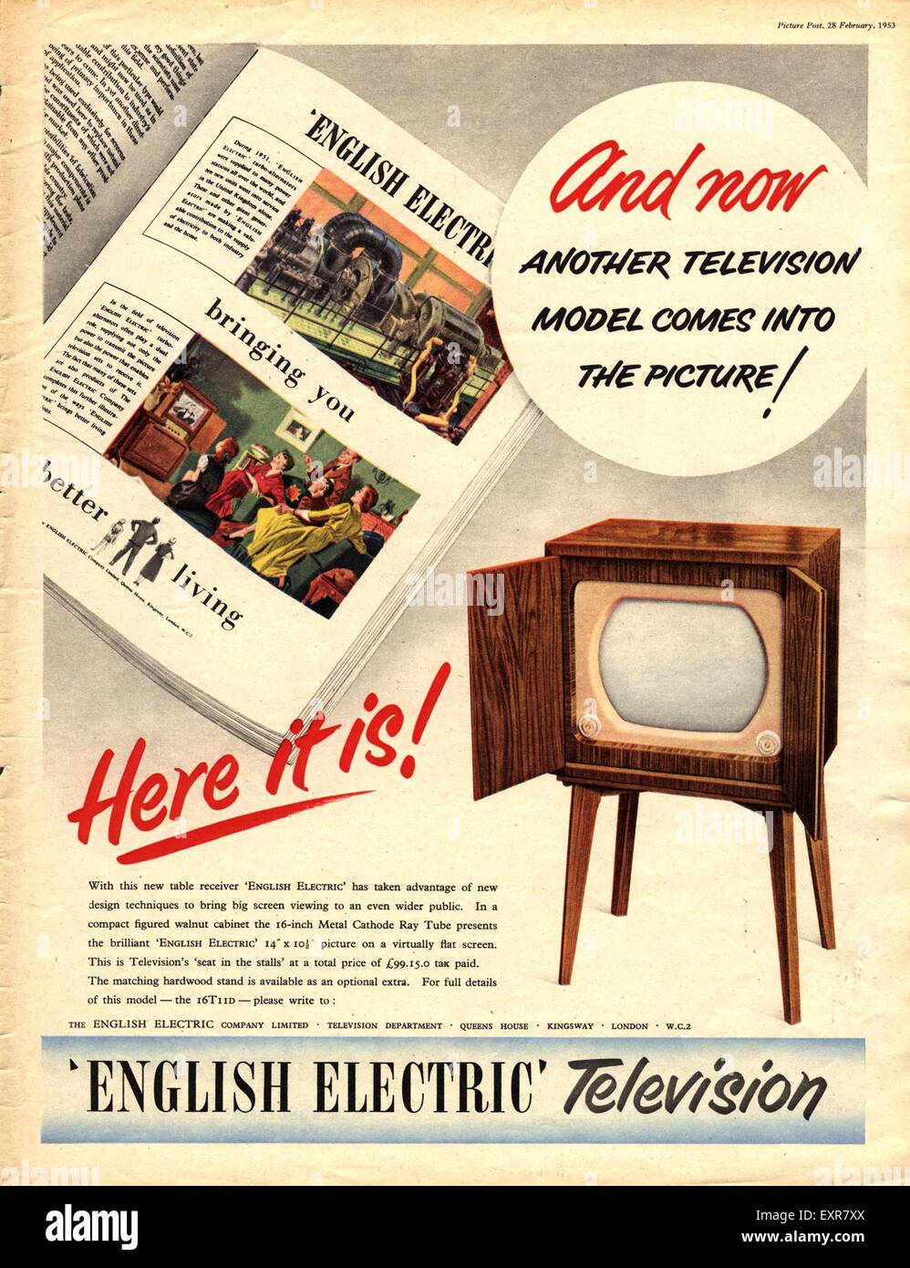 1950 UK English Electric Magazine anuncio Foto de stock