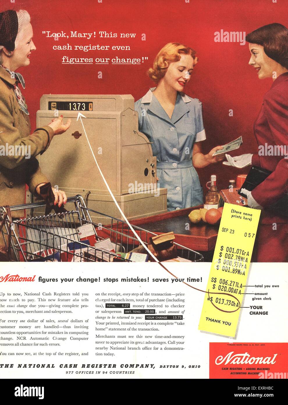 1950 EE.UU. Anuncio de la revista nacional de Cajas Registradoras Foto de stock