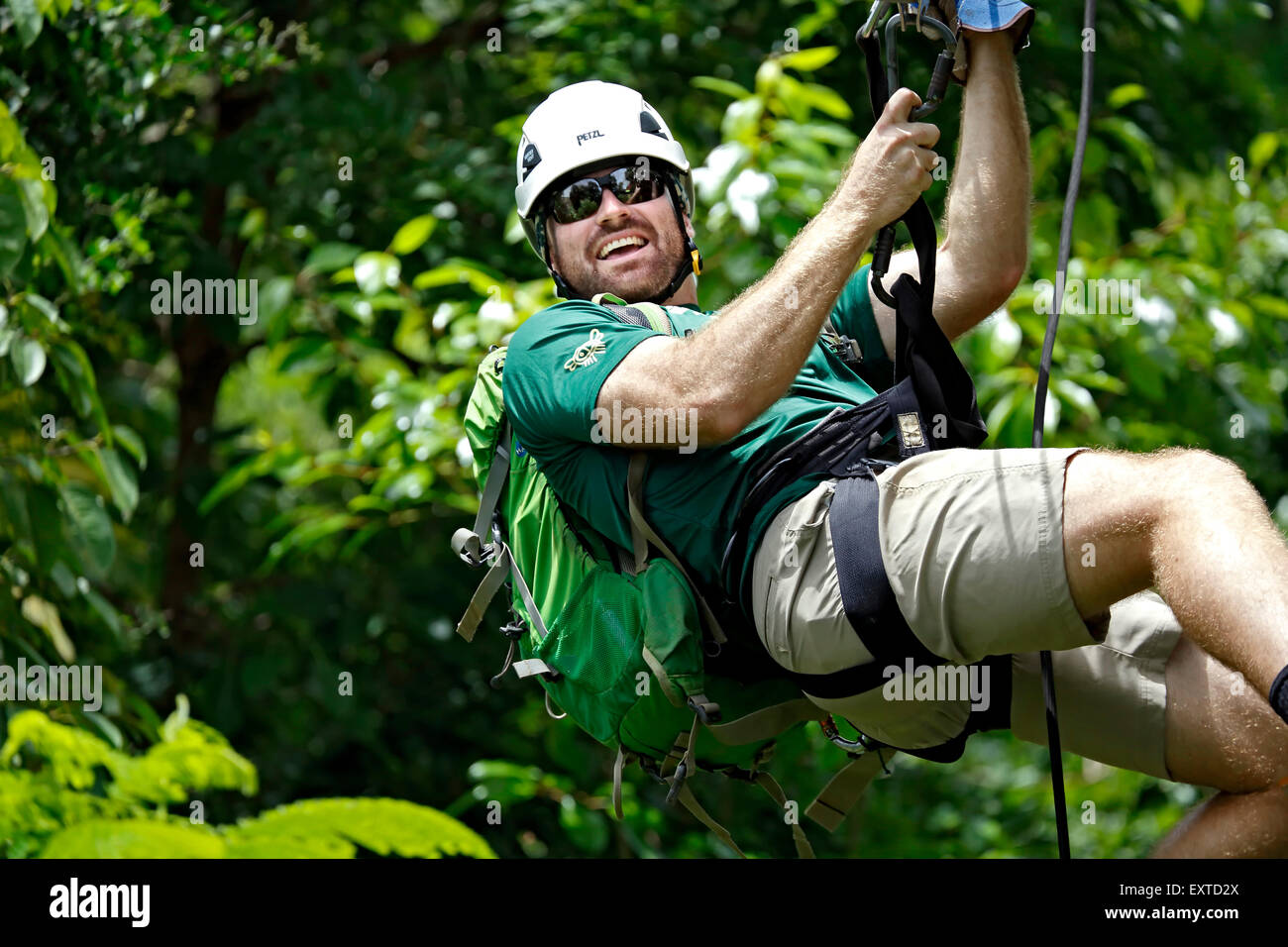 Hombre en zip line, Ecoquest aventuras & Tours Hacienda Campo Rico, Carolina, Puerto Rico Foto de stock