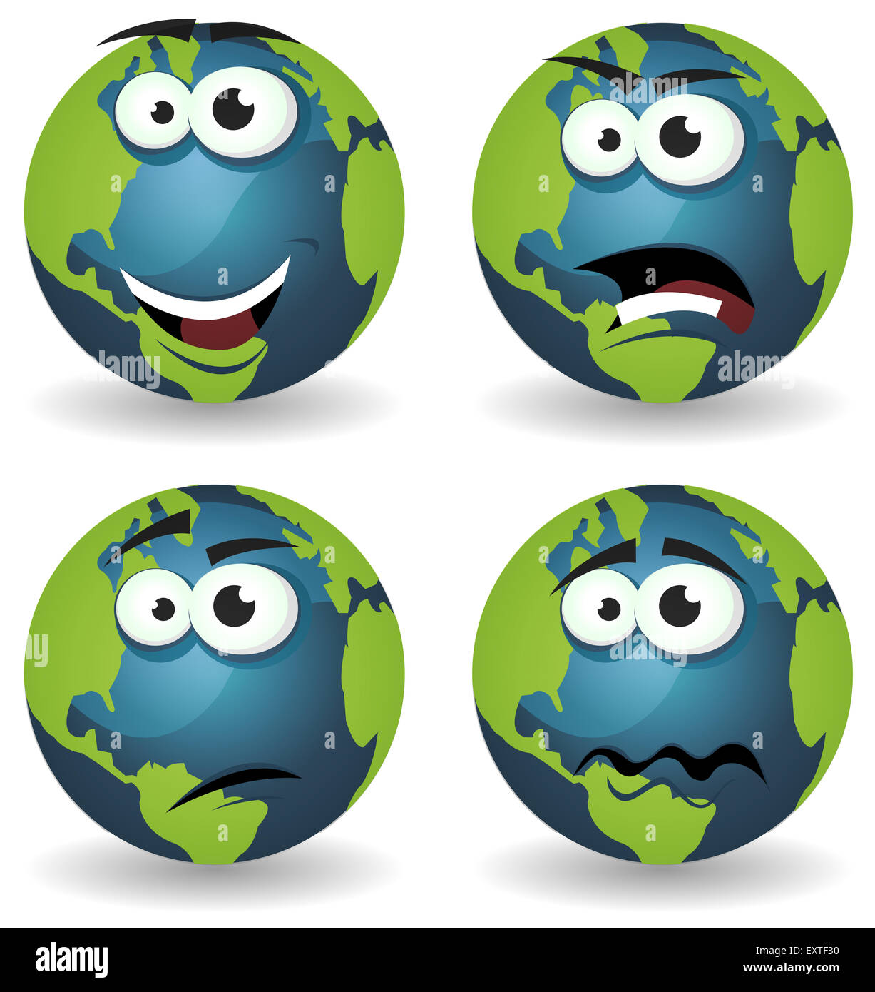 Ilustración de un conjunto de diversos dibujos animados iconos símbolo de tierra gracioso caracteres con diferentes emociones, feliz, enojado Foto de stock