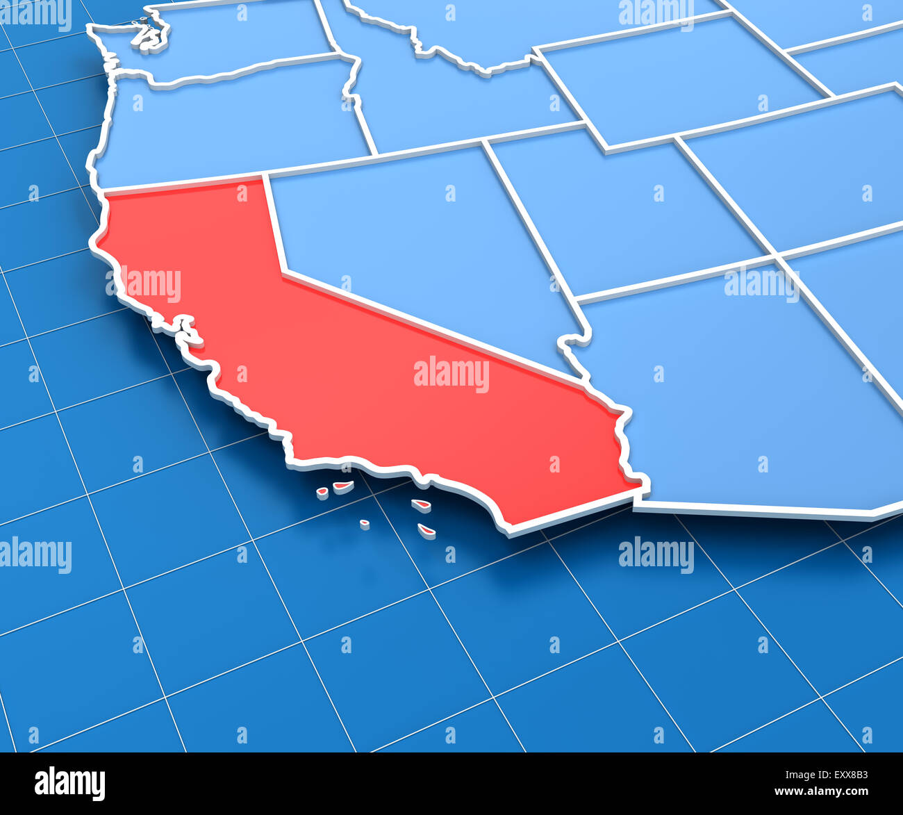 3D Render de mapa de EE.UU. con California State resaltado Foto de stock