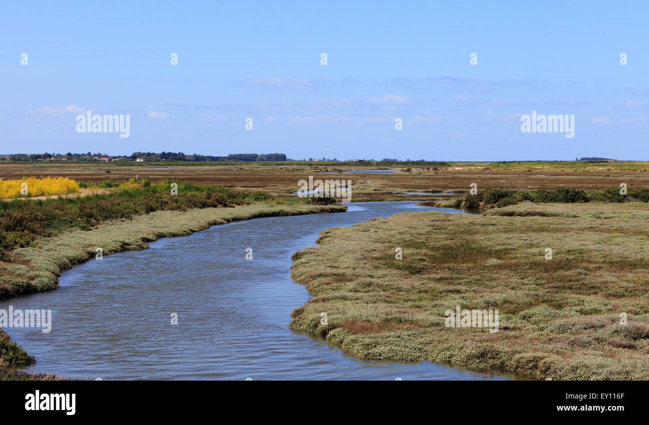Pantanos a Titchwell en la costa de Norfolk en marea alta. Foto de stock
