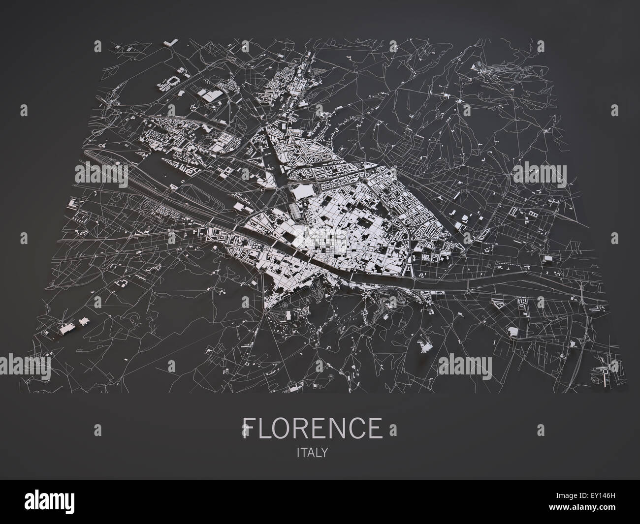 Mapa de calles y edificios de Florencia sobre negro, Italia Foto de stock