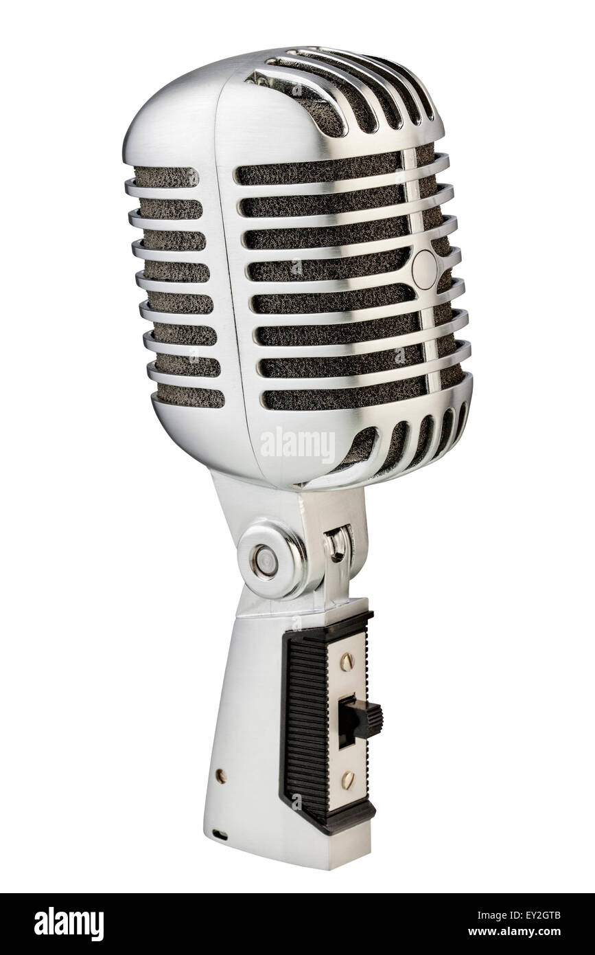 Vintage micrófono de metal (plata) aislado sobre fondo blanco. Foto de stock