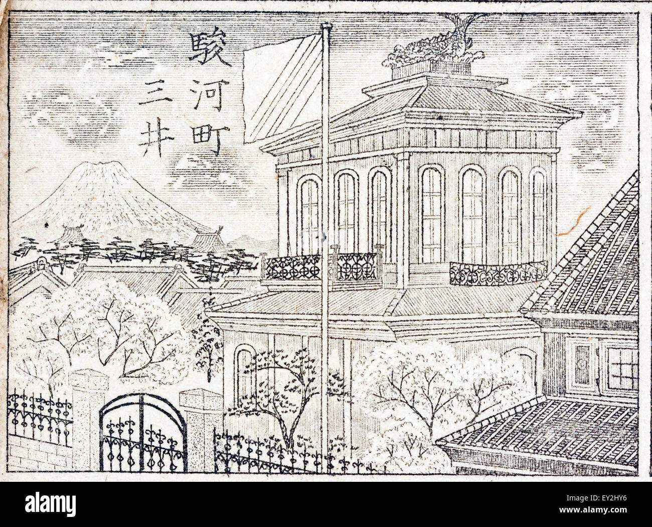 Japón, el período Meiji de 1882, Mapa de Tokio, Edo, detalle. Dibujo del  panel Línea de margen de la tienda de Mitsui en Suruga-cho con el Monte  Fuji de fondo Fotografía de