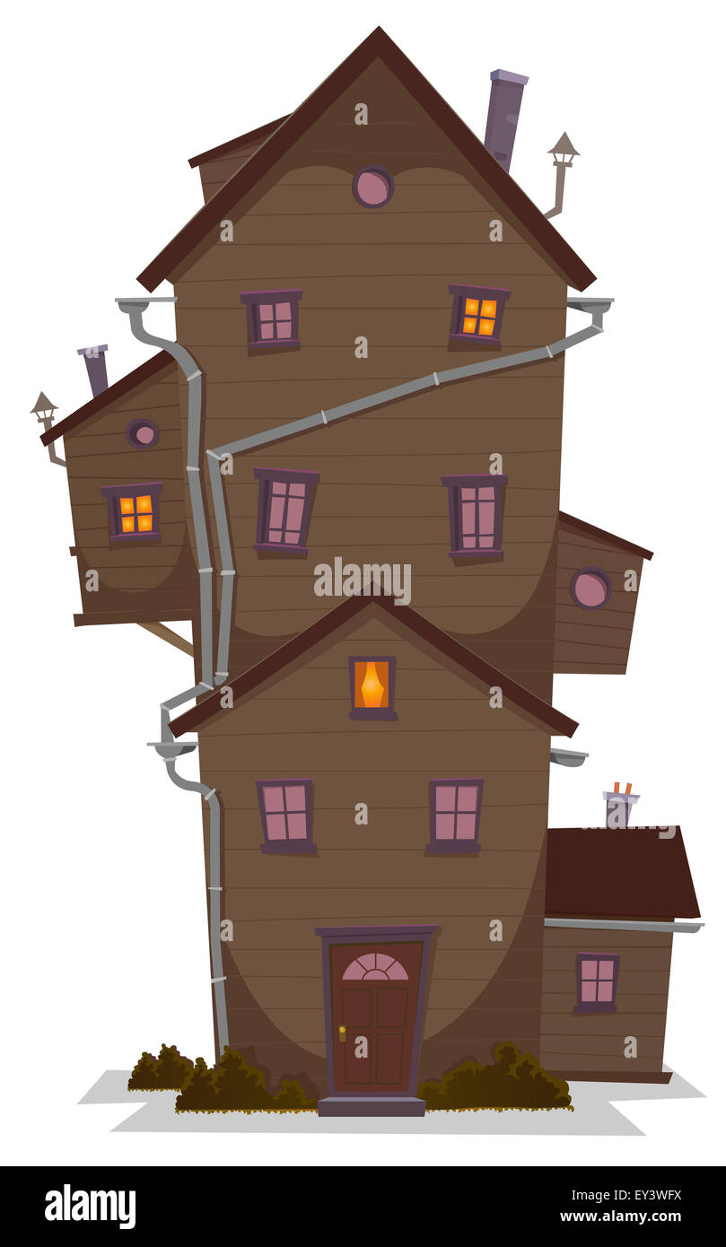 Ilustración de una historieta de alta casa de madera, castillo o mansión, con muchas ventanas y las perreras, en la noche Foto de stock
