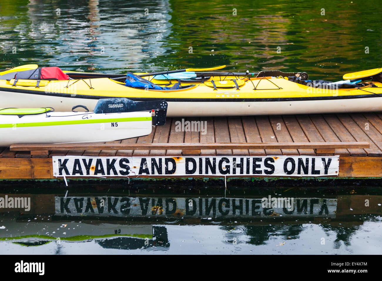 Kayak almacenamiento y plataforma de lanzamiento en el bote dock pub flotante sobre protección Island, British Columbia Foto de stock
