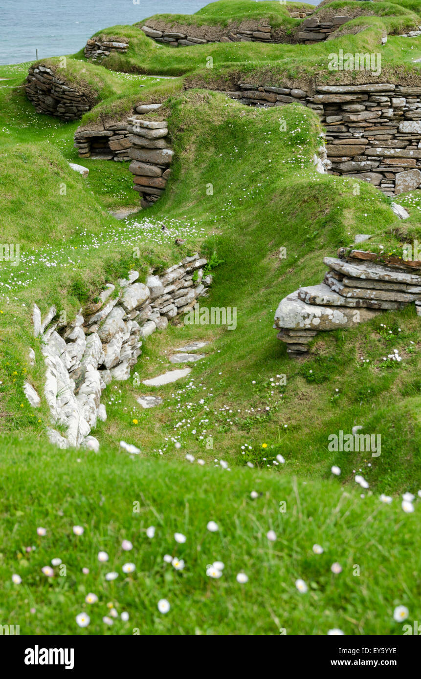 Skara Brae, edad de piedra, asentamiento neolítico, Historic Scotland y Patrimonio Mundial de la UNESCO, al oeste peninsular, Islas Orkney, Escocia Foto de stock