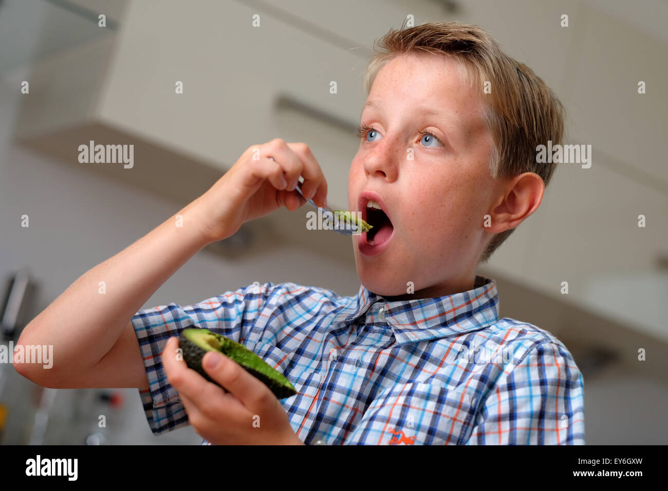 Un niño comiendo un aguacate con una cuchara como un bocadillo sano Foto de stock
