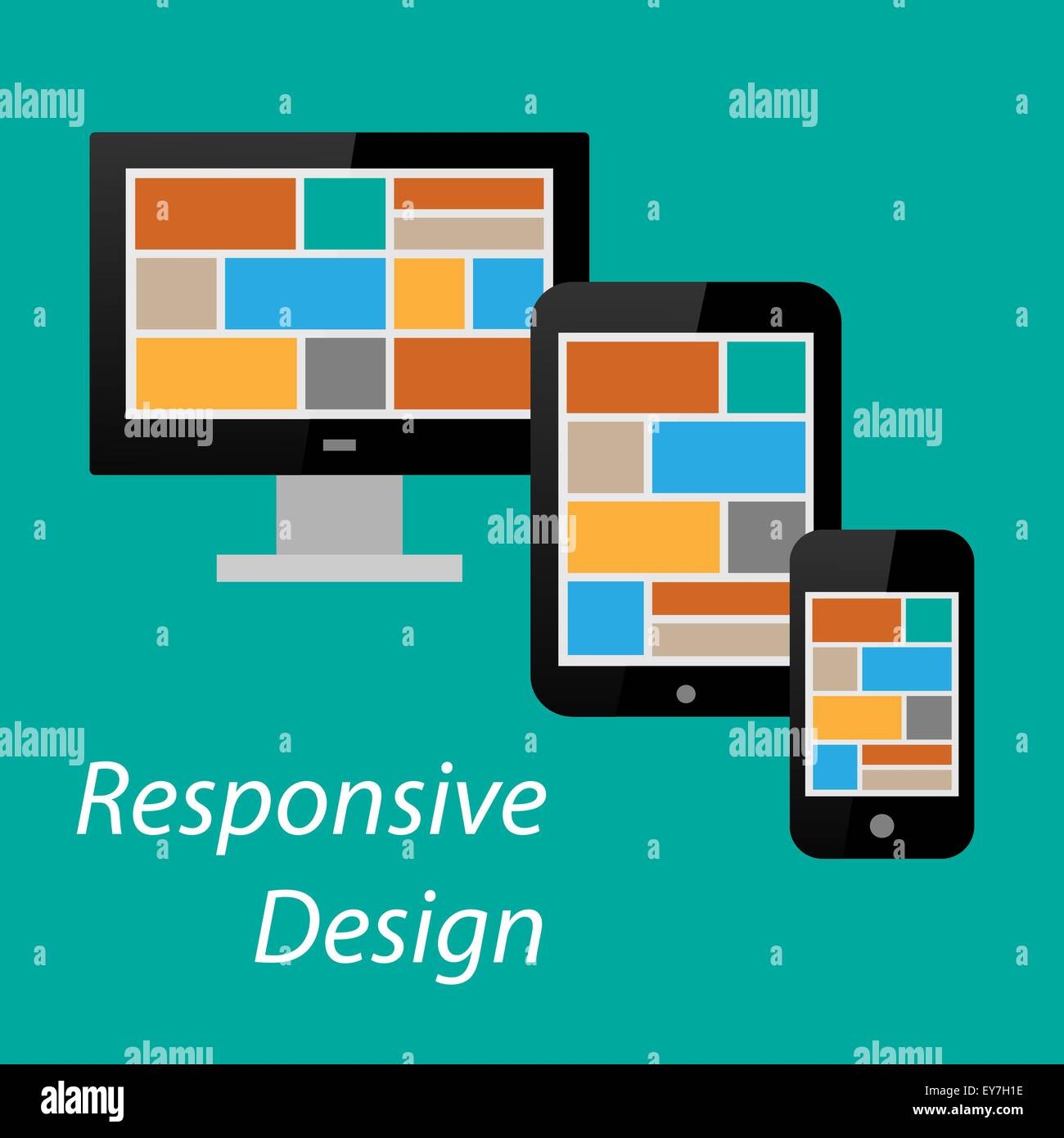 Responder plana diseño de monitor de ordenador, tablet PC y teléfonos inteligentes. Ilustración del Vector