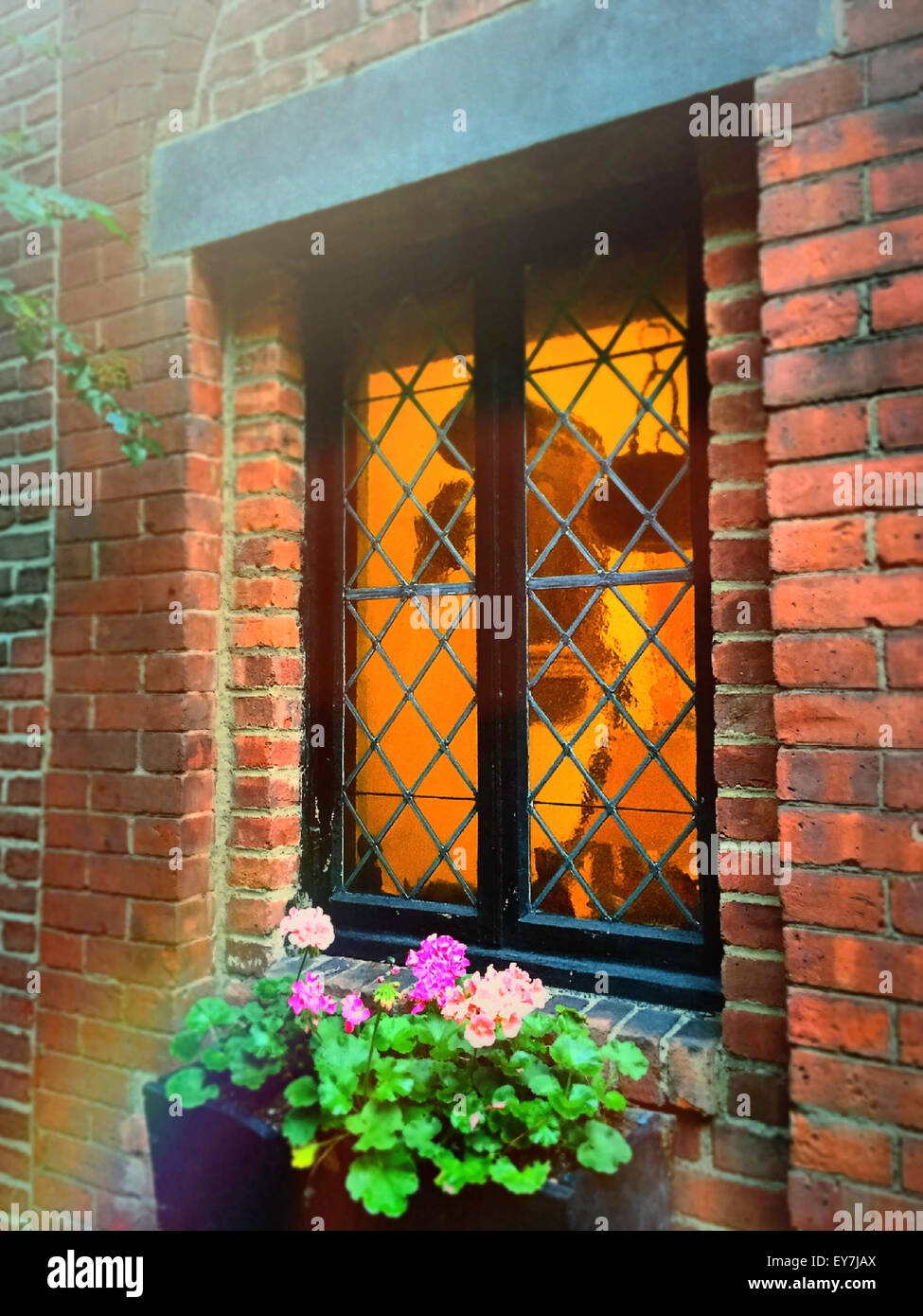 Ventana de vidrio con plomo, distrito histórico de Sniffen Court en Murray Hill, Nueva York, este de la calle 36 Foto de stock