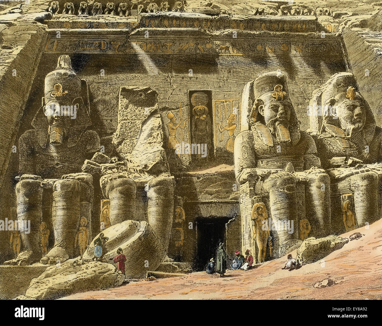 Egipto. Abu Simbel. El Gran Templo de Ramsés II. Grabado. Siglo xix. Coloreada. Foto de stock