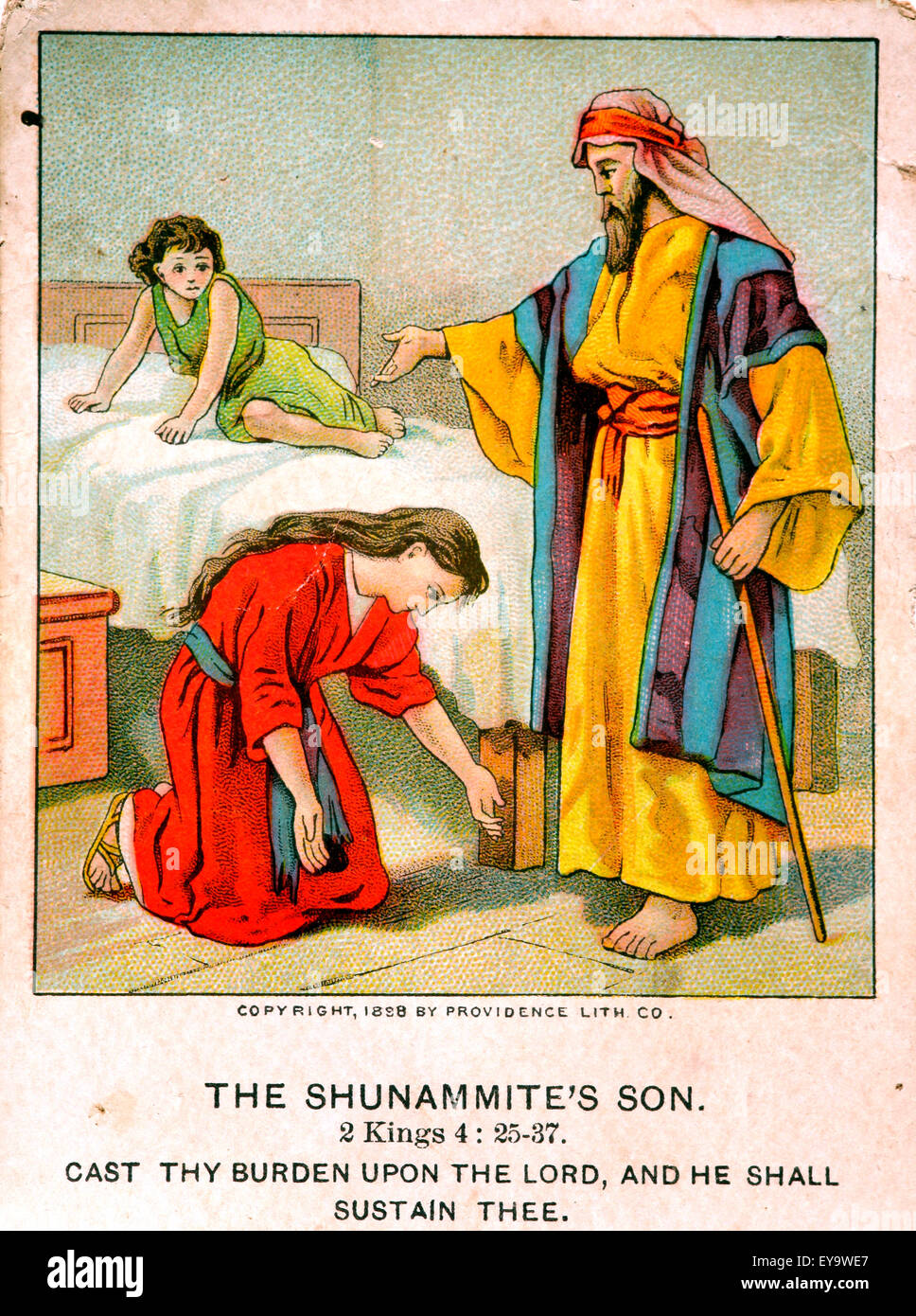 Tarjeta vieja Biblia representando a Eliseo hijo de elevar la sunamita