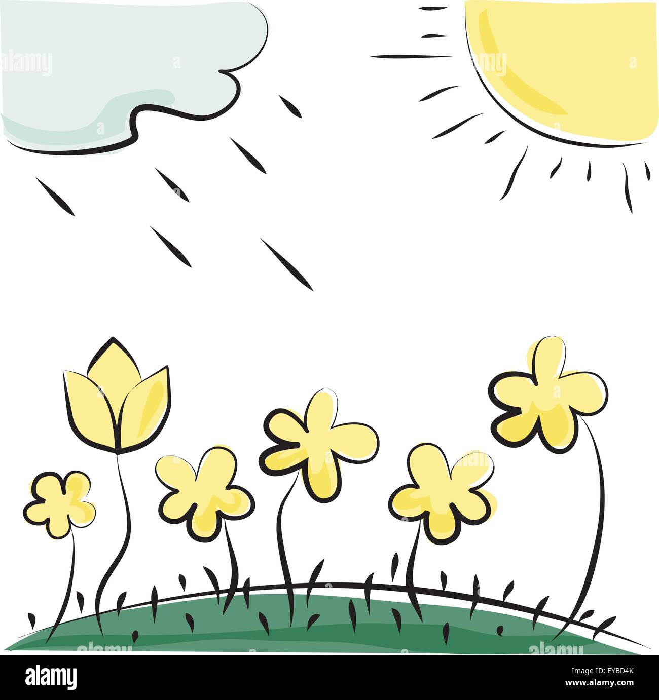La naturaleza. Vector flores, sol y nubes. Imitación de dibujos infantiles  Imagen Vector de stock - Alamy