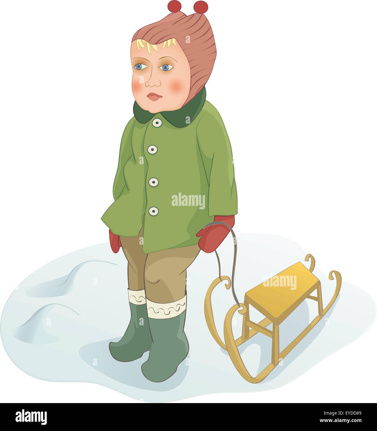 niño en la nieve con trineo Stock Illustration