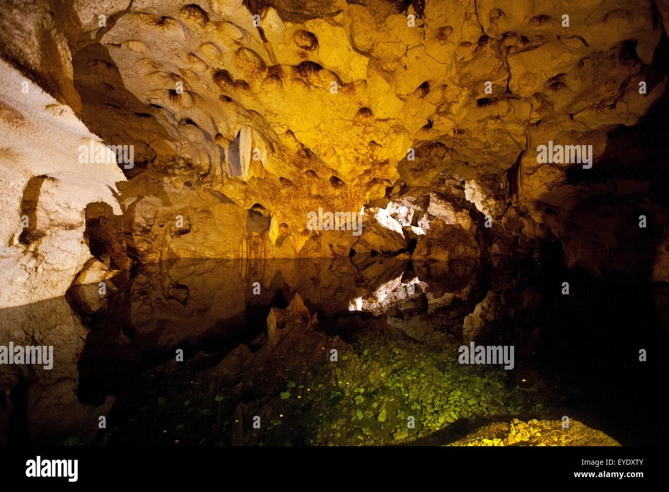 Lago subterráneo en el vientre de la cueva, Green Grotto Caves, Discovery Bay, Saint Ann, Jamaica Foto de stock