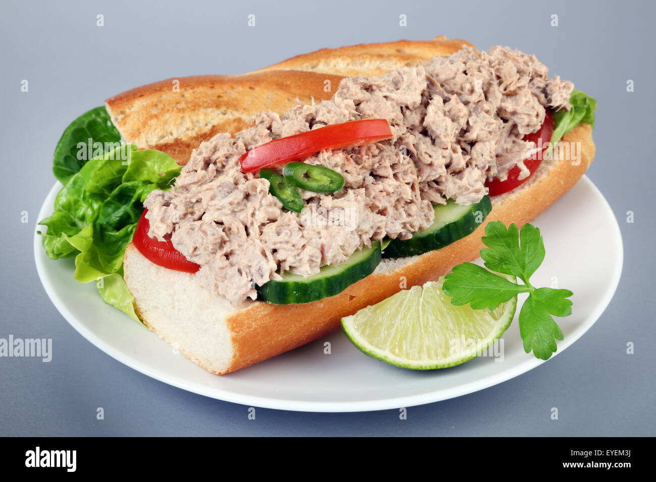 Sándwich de ensalada de atún en pan francés baguette Foto de stock
