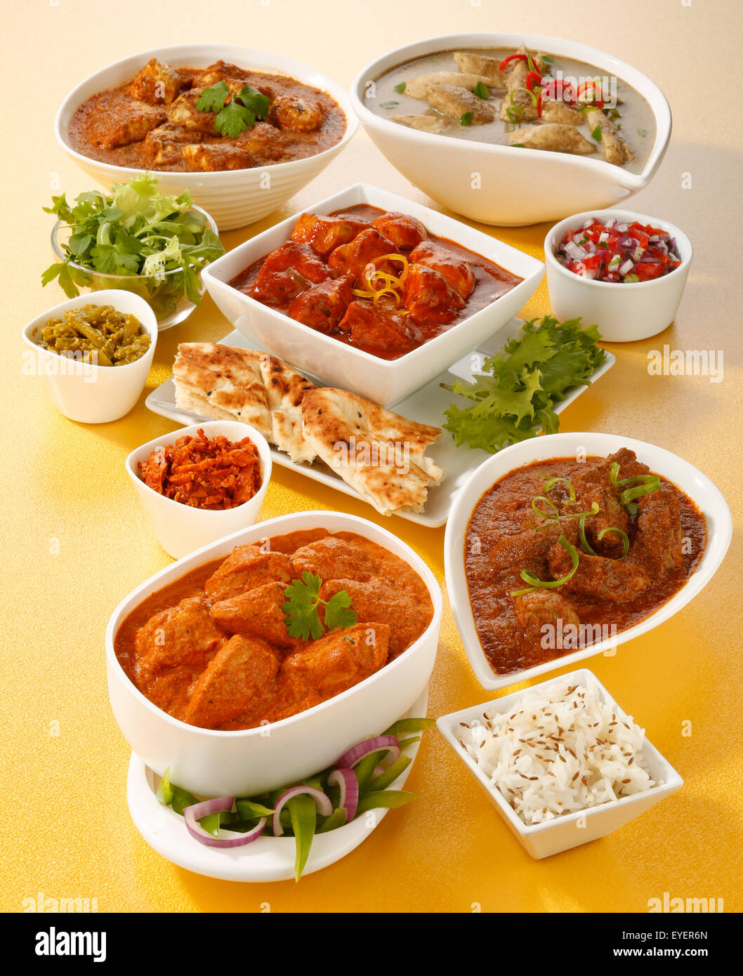 Selección de los platos del curry indio Foto de stock
