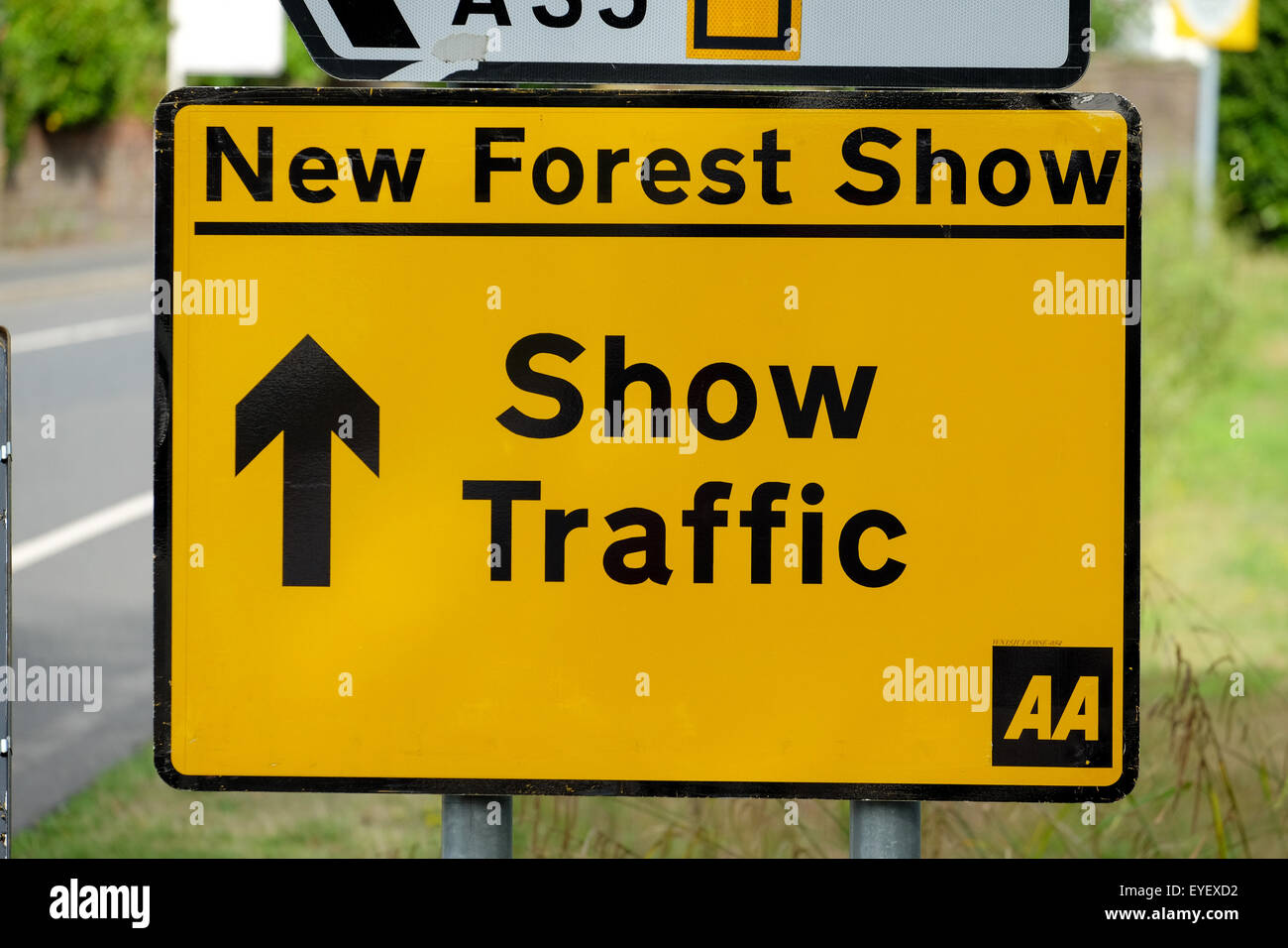 Señal de carretera para el nuevo bosque mostrar con el tráfico en el fondo Foto de stock
