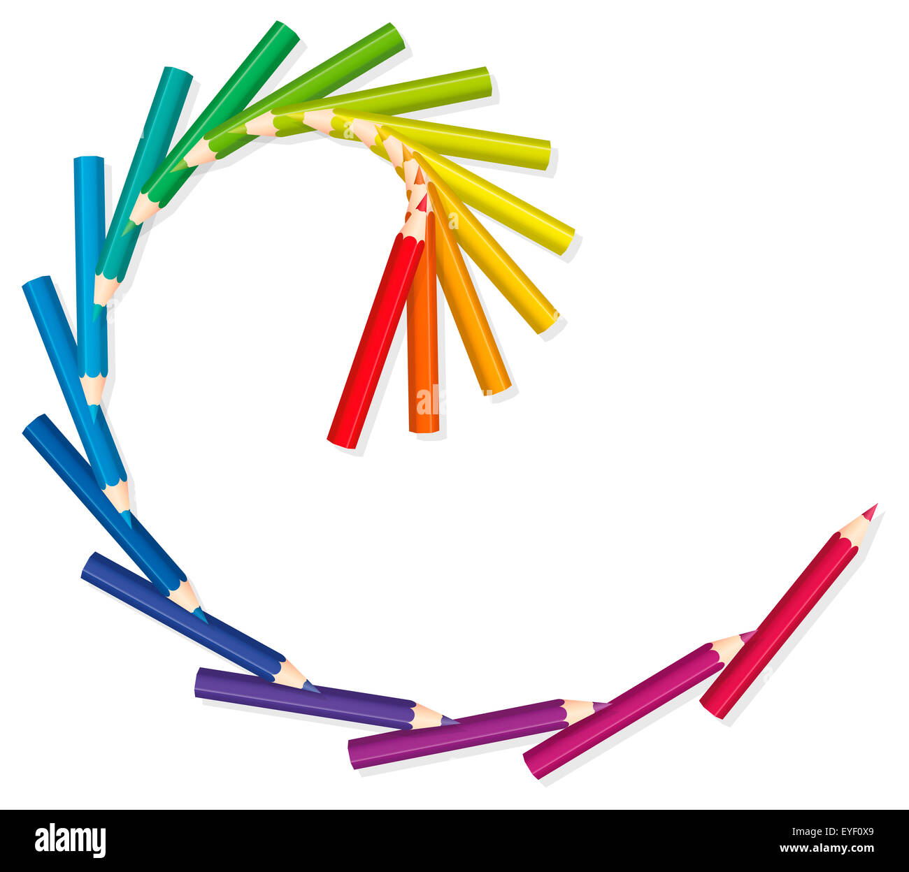 Lápices de colores que forman un corte dorado en espiral. Ilustración sobre fondo blanco. Foto de stock