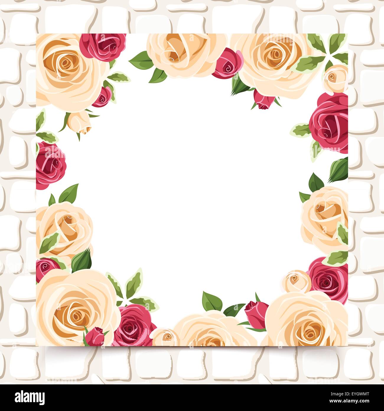 Tarjeta con rosas blancas y rojas sobre un muro de piedra. Eps vectoriales-10. Ilustración del Vector