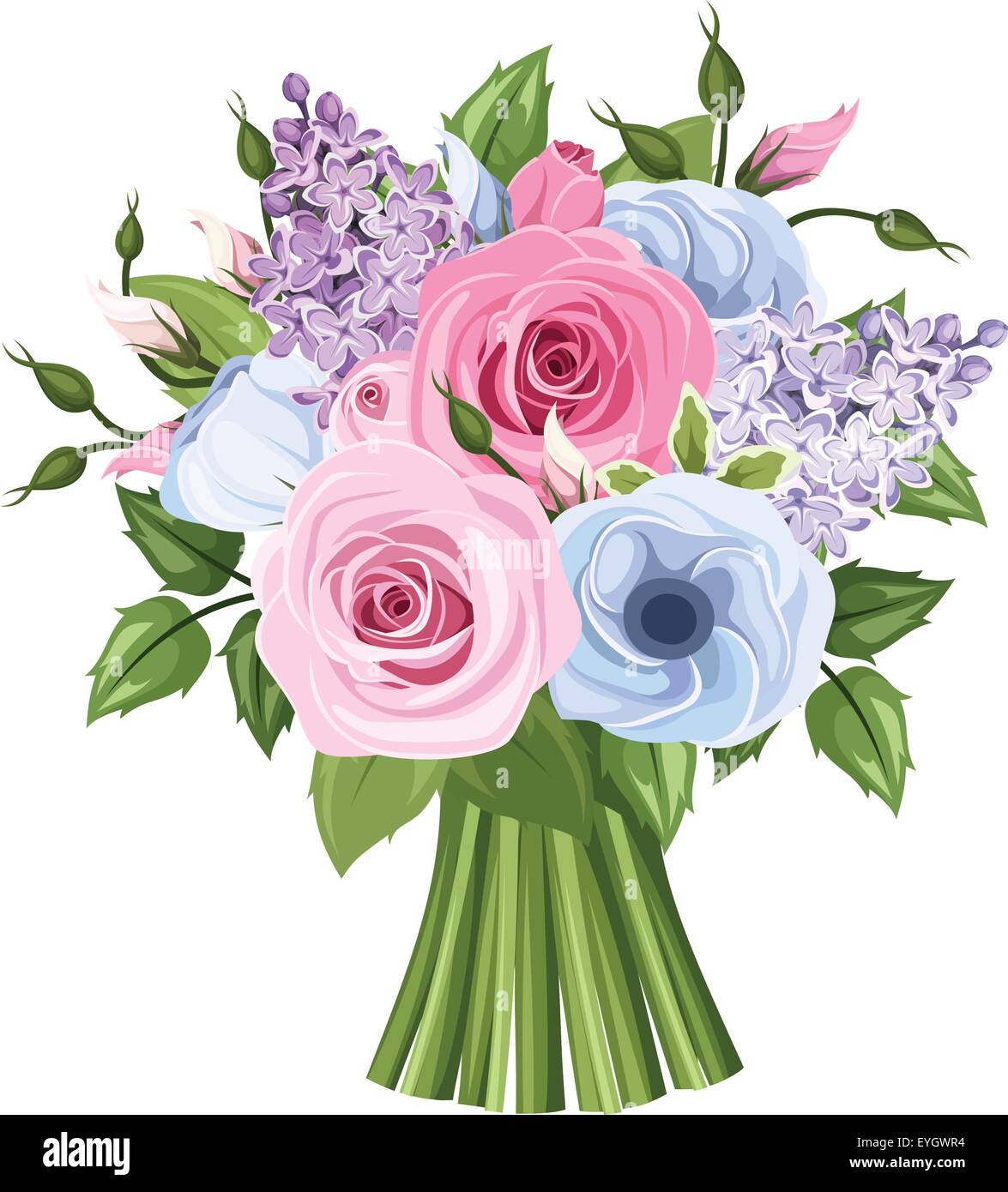 Bouquet de rosa, azul y violeta, rosas, lisianthus y lila flores.  Ilustración vectorial Imagen Vector de stock - Alamy