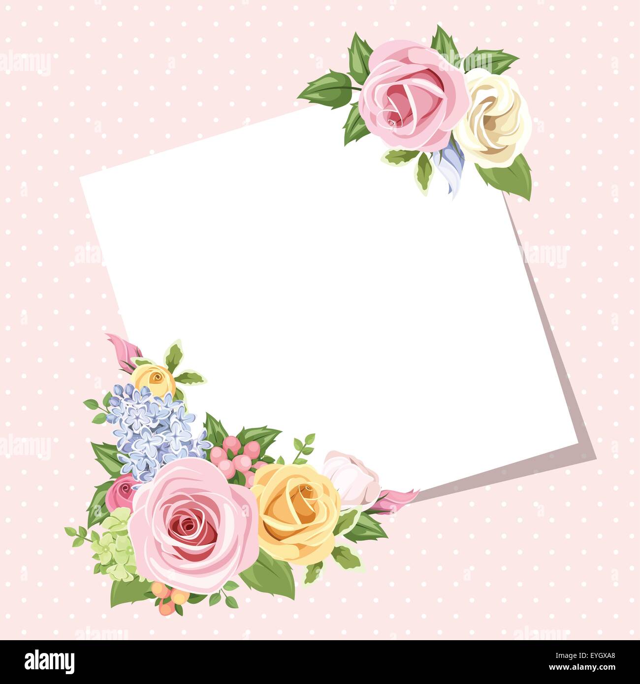 Tarjeta con rosas y coloridas flores de lisianthus. Eps vectoriales-10. Ilustración del Vector
